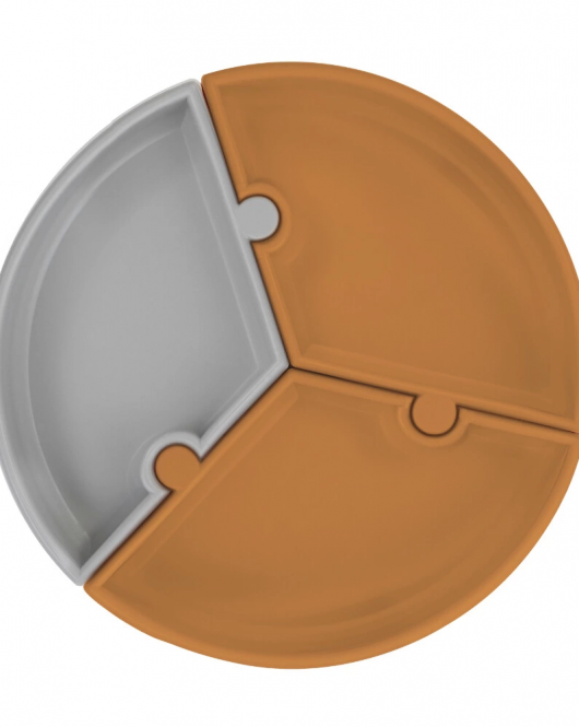 OiOi Puzzle Vakum Tabanlı Silikon Tabak Woody Brown / Powder Grey
