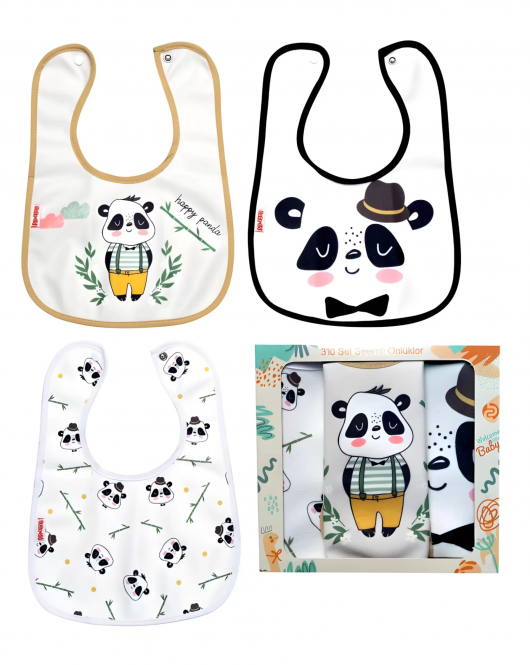 Panda Desenli 3'Lü Kombin Sıvı Geçirmez Bebek Mama Önlüğü 0-6 Ay
