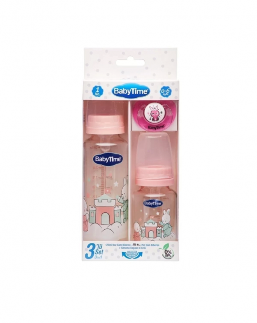 Pembe 3lü Cam Biberon Seti 0-6 Ay
