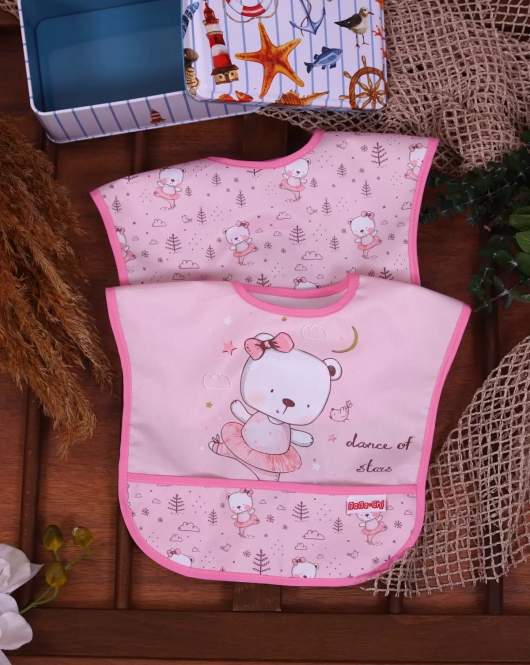 Pembe Ayı Desenli 2'Li Sıvı Geçirmez Kolsuz Bebek Mama Önlüğü 0-12 Ay