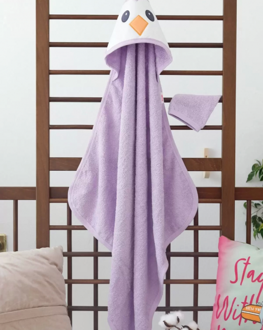 Penguen Nakışlı Unisex Şapka Ve Keseli Bebek Banyo Havlusu