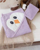 Penguen Nakışlı Unisex Şapka Ve Keseli Bebek Banyo Havlusu