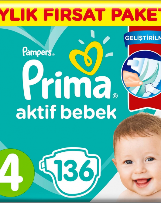 Prima Bebek Bezi Aktif Bebek 4 Beden Aylık Fırsat Paketi 136 Adet