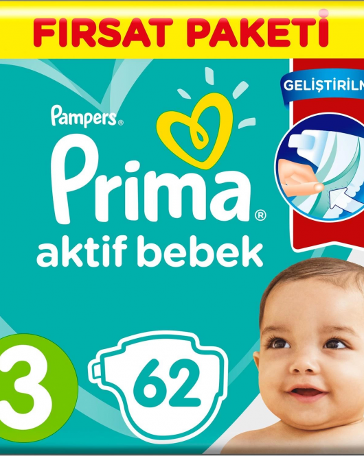 Prima Bebek Bezi Aktif Bebek Fırsat Paket 3 Beden 62 Adet