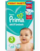 Prima Bebek Bezi Aktif Bebek Fırsat Paket 3 Beden 62 Adet