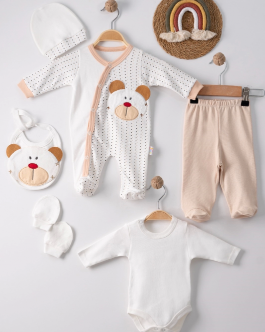 Puanlı Ayıcık Nakışlı Tulumlu % 100 Pamuk Erkek Bebek 5'li Set