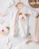 Puanlı Ayıcık Nakışlı Tulumlu % 100 Pamuk Erkek Bebek 5'li Set