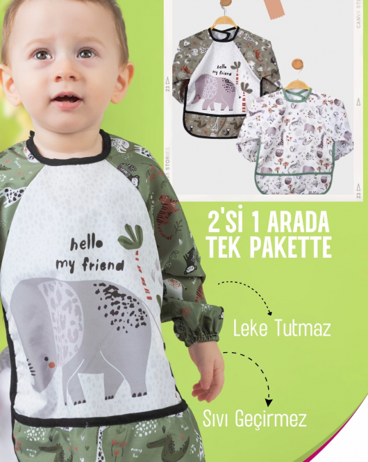 Safari Fil Desenli 2'li Kombin Kollu Mama Önlüğü