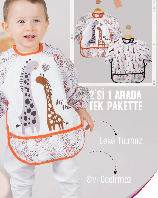 Safari Zürafa Desenli 2'li Kombin Kollu Mama Önlüğü