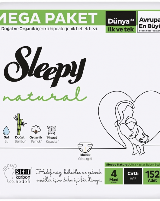Sleepy Natural Bebek Bezi Mega Fırsat Paketi 4 Beden 7-14 Kg 152 Adet