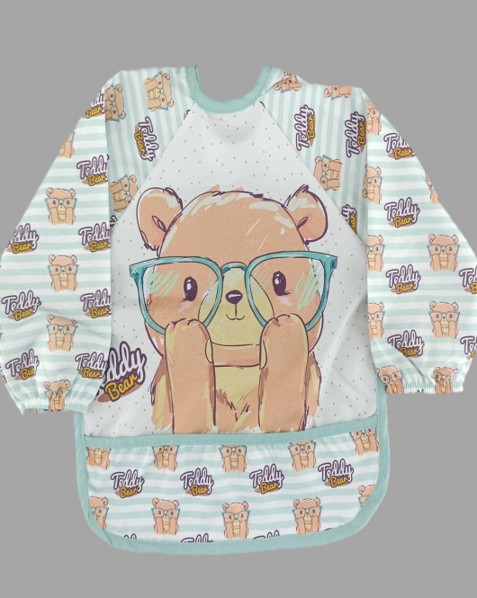 Teddy Bear Desenli Uzun Kollu Unisex Bebek Mama Önlüğü (sıvı Gecirmez)