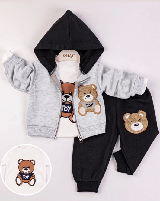Toy Bear Nakışlı 3'lü Hırkalı Erkek Bebek Takımı