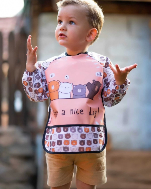 Unisex Sevimli Ayılar Baskılı 3-24 Aylık Mama Önlüğü Cepli Beslenme Önlüğü