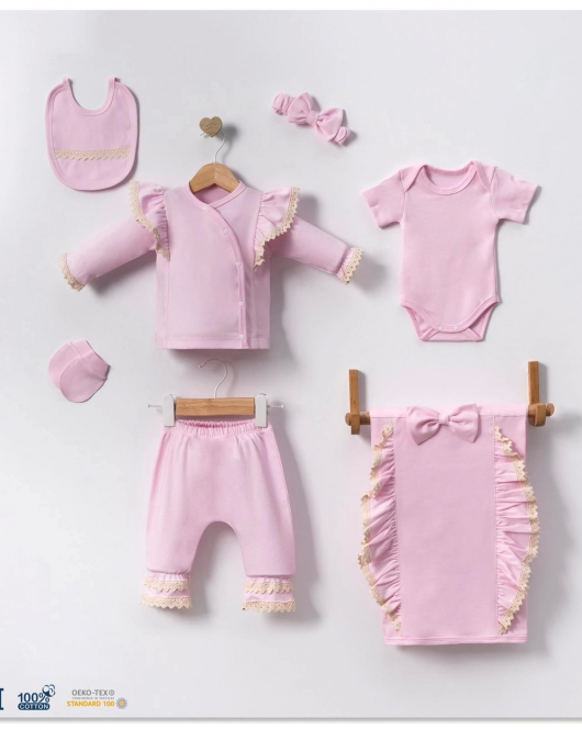 Yakası Fırfırlı Kız Bebek 7 Parça Battaniyeli Hastane Çıkışı Seti Pembe