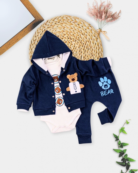 Yeni Doğan 3-6 Ay Erkek Bebek Takımı Bear Kapişonlu Lacivert