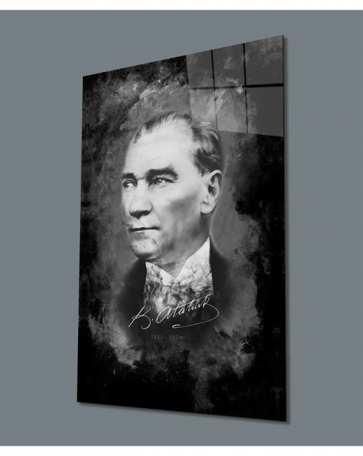 Atatürk Portresi Siyah Beyaz Cam Tablo, Uv Baskılı ve Temperli, Hediyelik