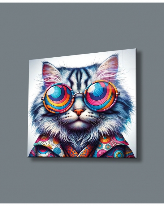 Hipster Kedi Renkli Bakış Cam Tablo Hediyelik Büyük Tablo Ev Ofis Dekoru