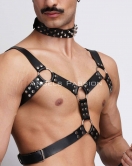 Kırbaç ve Çivili Choker Detaylı Erkek Fantazi Giyim, Deri Erkek Harness Takım - APFTM102