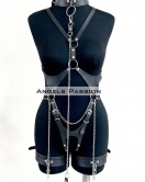 Tasma ve Zincir Detaylı Şık Deri Harness, Deri Fantezi Giyim- APFT1225