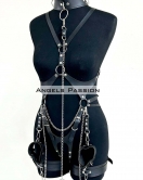 Tasma ve Zincir Detaylı Şık Deri Harness, Deri Fantezi Giyim- APFT1225