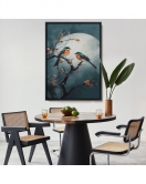 Çerçeveli Dallarda Pembe Çiçekli İki Kuş Tablosu-8004