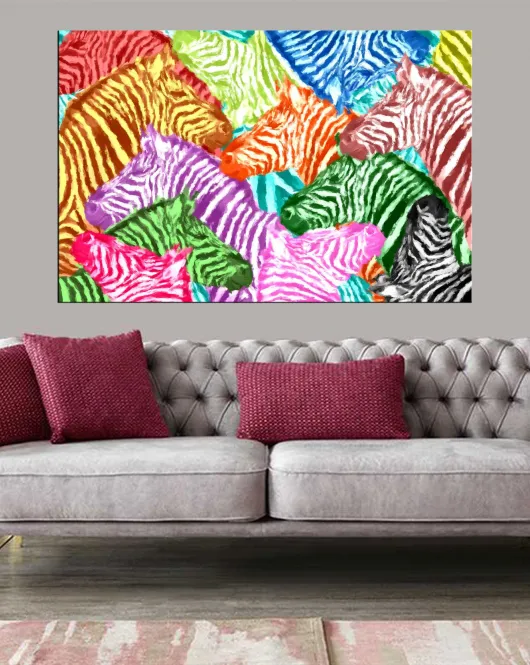 Dekoratif Baskı İllüstrasyon Renkli Zebra Kanvas Tablo