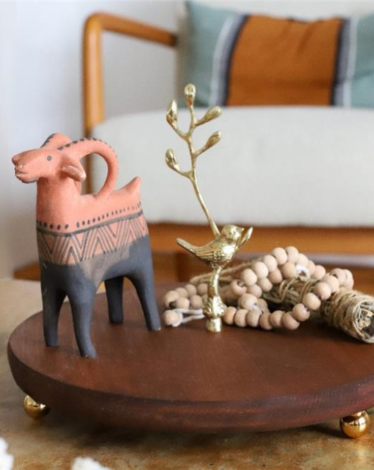 Akayev Ahşap 24 Cm Altın Boncuk Ayaklı Kuş Sunum Tabağı