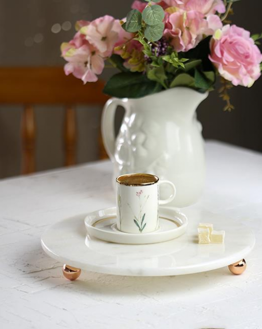 Akayev Mermer 25 Cm Rose Gold Boncuk Ayaklı Beyaz Yuvarlak Sunumluk