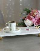 Akayev Mermer Beyaz 30x15 Cm Altın Ayak Kuş Sunum Tabağı