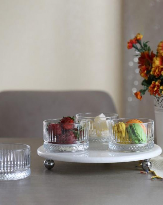 Akayev Mermer Beyaz 25 Cm Gümüş Boncuk Ayak Elysia 4lü Reçellik İkramlık