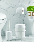 Metal Standlı Yuvarlak Kovalı & Kağıtlıklı & Fırçalıklı Beyaz Banyo Takımı