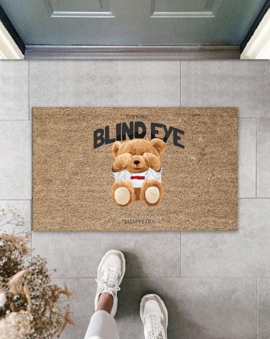 Dekoratif Dijital Blind Eye Ayıcık Bej Kapı Paspası Dış Mekan Paspas K-3189