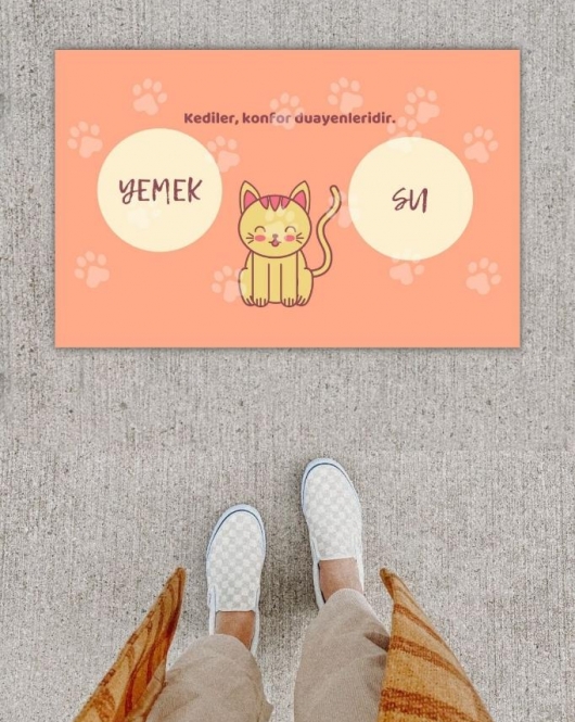Dijital Baskı Dekoratif Kedi Yavruağzı Kapı Önü Paspası K-1212