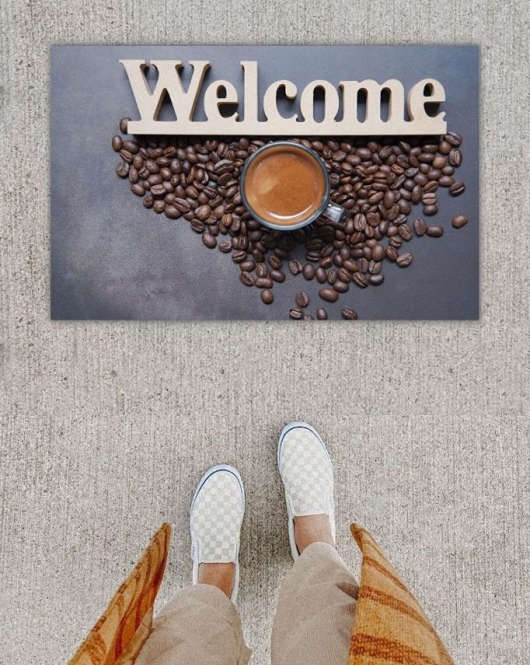 Dijital Baskı Dekoratif Welcome Koyu Gri Kapı Önü Paspası K-1251