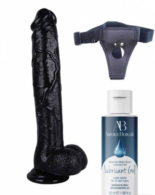 Belden Bağlamalı Kayganlaştırıcı Set Noctis 30cm Siyah Dildo No:39