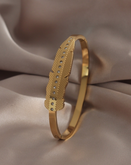 316L Çelik Gold Renk Yaprak Model Zirkon Taşlı Kadın Kelepçe