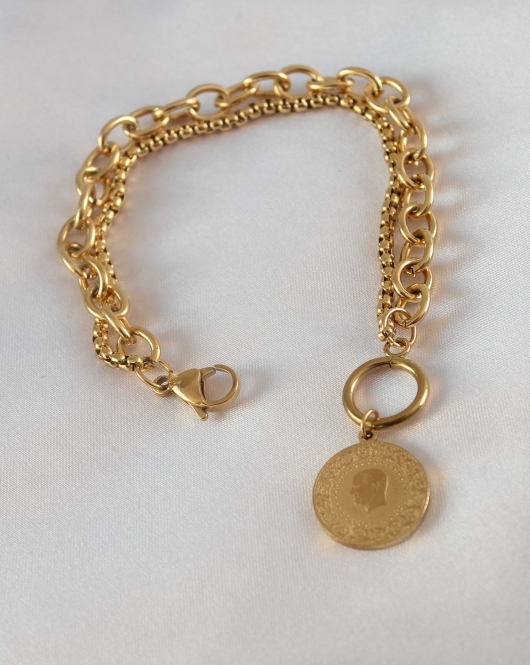 316L Çelik Gold Renk 2'li Zincir Model Çeyrek Altınlı Kadın Bileklik