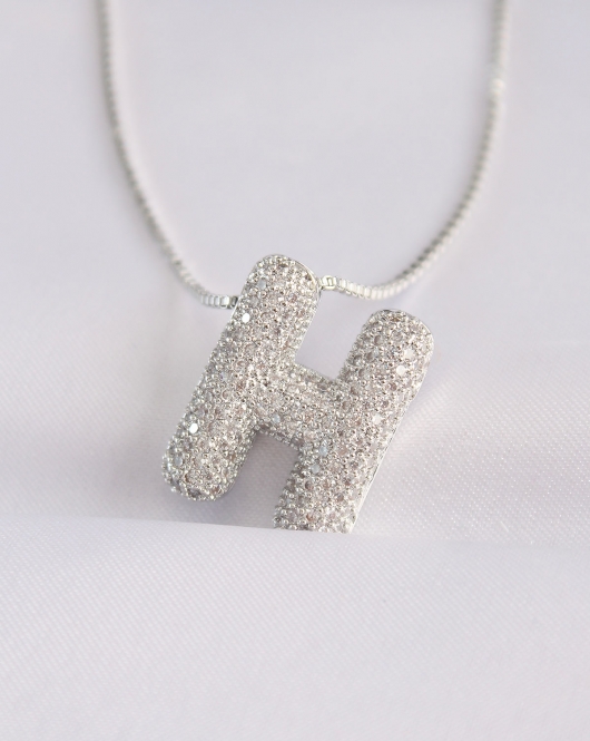 316L Çelik Zincirli Zirkon Taşlı H Harfli Silver Renk Bubble Kolye