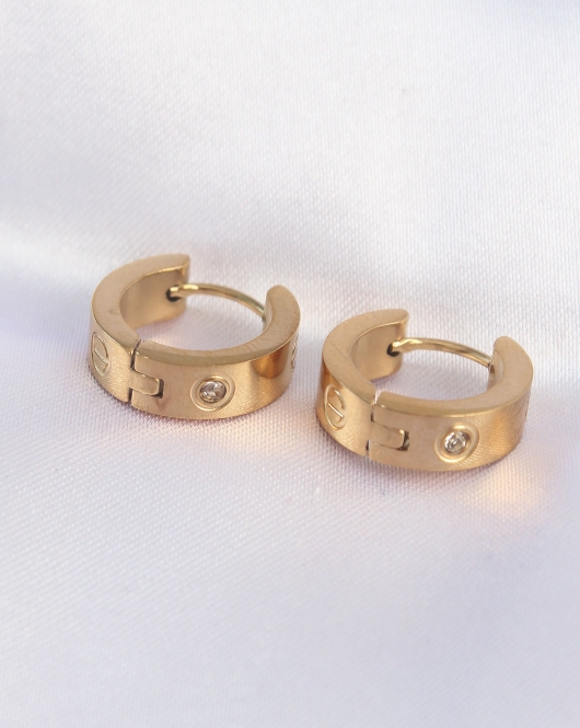 316L Çelik Gold Renk Zirkon Taşlı Minimal Cartier Model Halka Küpe