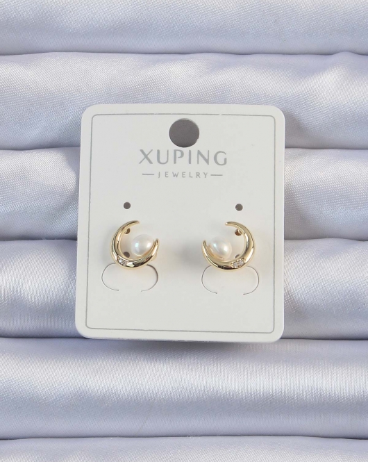 Xuping Gold Renk Zirkon Taşlı İncili Ay Küpe