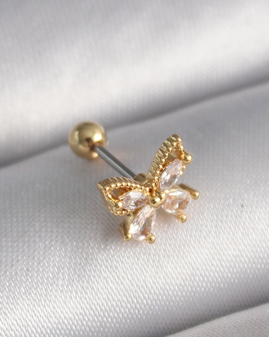 316L Çelik Gold Renk Zirkon Taşlı Kelebek Tragus Piercing
