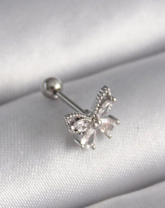 316L Çelik Gümüş Renk Zirkon Taşlı Kelebek Tragus Piercing