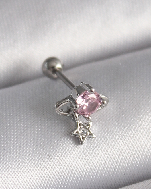 316L Çelik Gümüş Renk Pembe Zirkon Taşlı Sallantı Yıldız Detay Tragus Piercing