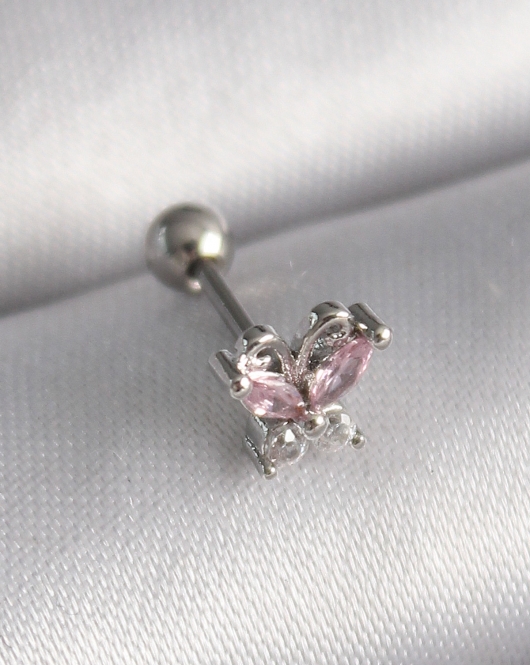 316L Çelik Gümüş Renk Pembe Zirkon Taşlı Kelebek Tragus Piercing