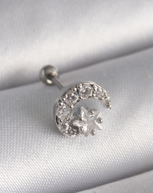 316L Çelik Gümüş Renk Zirkon Taşlı Ay Yıldız Tragus Piercing