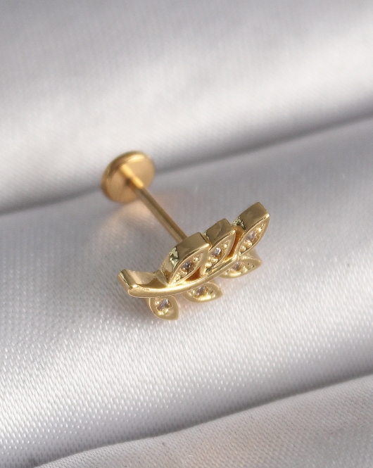 316L Çelik Gold Renk Zirkon Taş Detaylı Yaprak Model Tragus Piercing