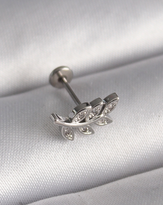 316L Çelik Gümüş Renk Dal Model Zirkon Taş Detaylı Tragus Piercing