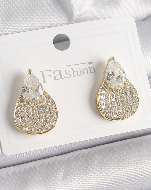 Pirinç Gold Renk Zirkon Taşlı Damla Model Kadın Küpe