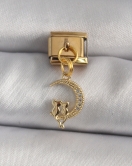 316L Çelik Gold Renk Zirkon Taşlı Hilal Model Kedi Detay Nomination Charm