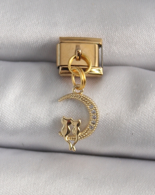 316L Çelik Gold Renk Zirkon Taşlı Hilal Model Kedi Detay Nomination Charm